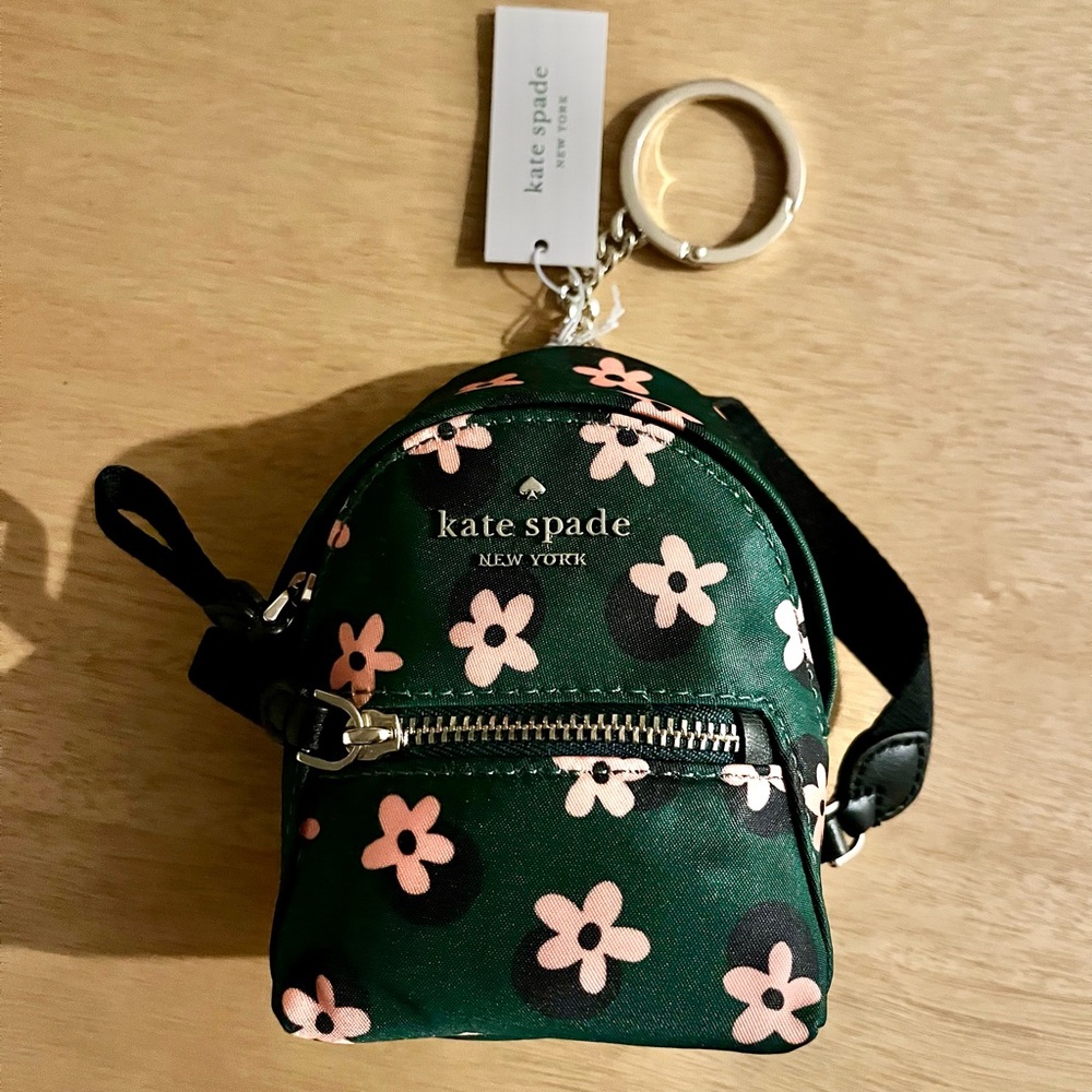 Kate Spade Mini Backpack Keychain, Green with Pink Flowers, NWT